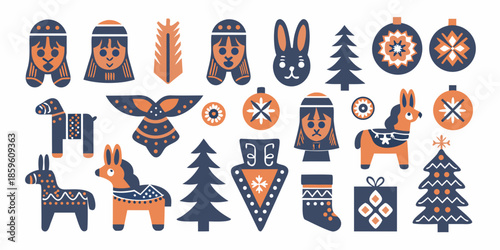 A collection of colorful nordic folk art inspired illustrations and patterns