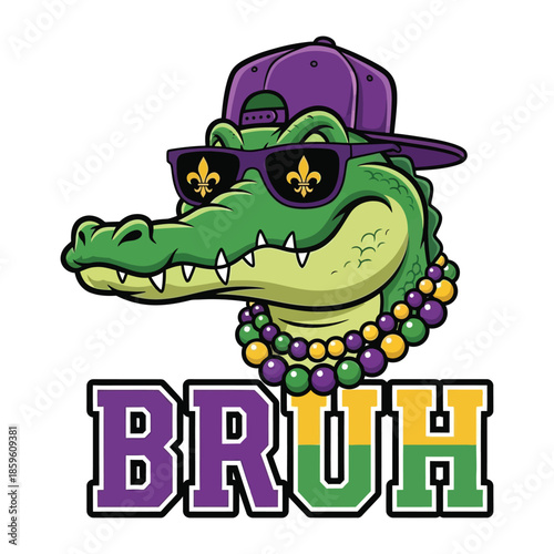 Cool Mardi Gras Gator Wearing Sunglasses and Beads Cartoon Illustration