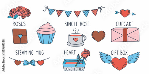 Hand drawn valentine s day elements with roses gifts and sweet treats