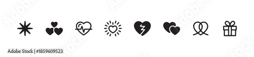 Assortment of love and relationship icons featuring hearts stars pulse gift and protective shield shapes