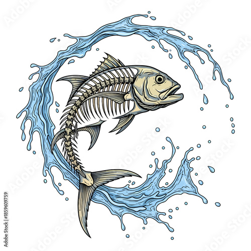 Giant trevally fish jumping with skeleton detail and blue water splash vector illustration