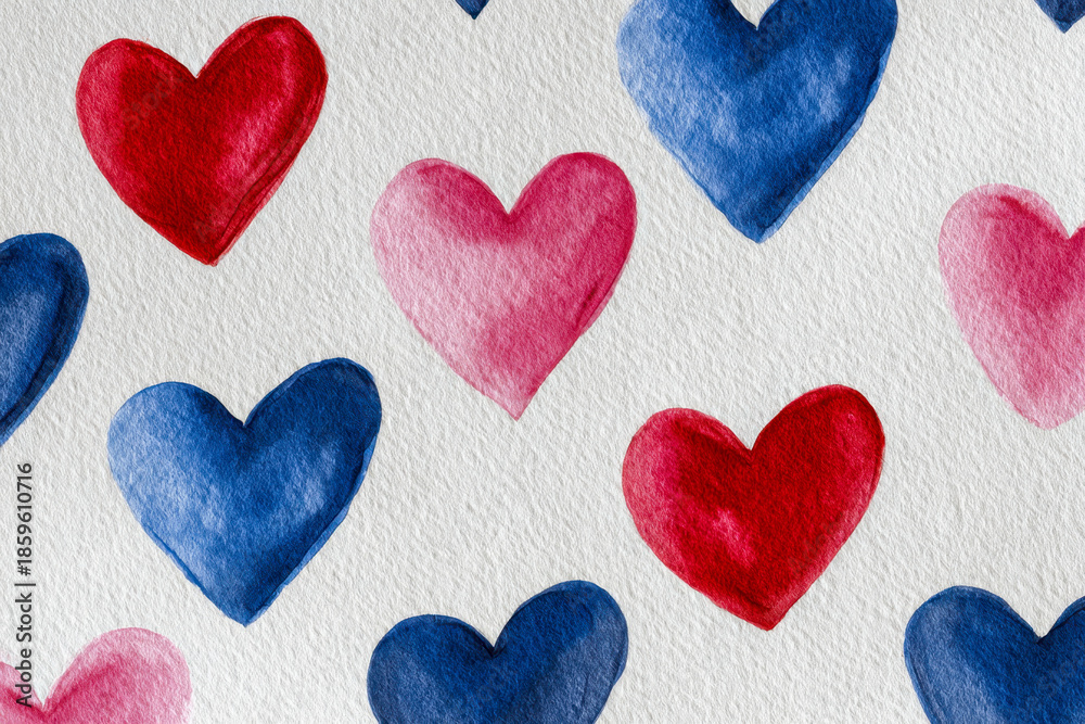 Fototapeta premium Pattern of blue, red, and pink watercolor hearts painted on textured white paper background for romantic and artistic design concepts