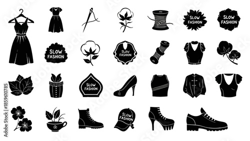Set of slow fashion icons illustrating sustainable clothing and eco friendly textile production