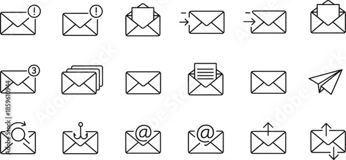 Comprehensive line icon set featuring email envelopes, digital inbox notifications, paper plane delivery, secure mailing, and phishing alert symbols.