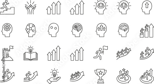 Minimalist line icon set featuring mental psychology growth, career success milestones, leadership development, professional achievement, and creative brainstorming symbols.