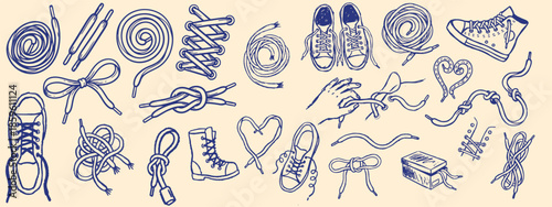 Hand drawn line art overhead arrangement of sneaker laces knots bows and casual shoes scattered on playful pale beige background