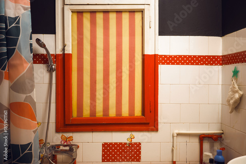 The interior of an old bathroom in Popart style