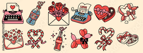 Retro sticker sheet valentines day playful icons with typewriter envelope bouquet heart box candy canes soda bottle on cream background