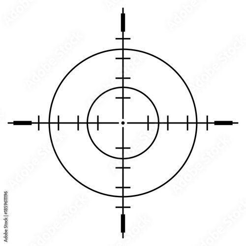 Concentric target reticle with scale marks, precise aiming and calibration graphic for HUD overlays and tracking systems, PNG with transparent background