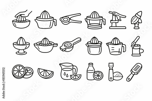 Collection of various citrus juicers and tools in simple line art
