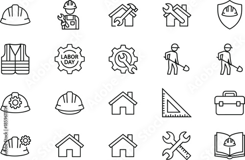 Professional construction line icon set featuring safety hard hats, labor day gear, home repair tools, building maintenance, industrial worker, and architectural design symbols.