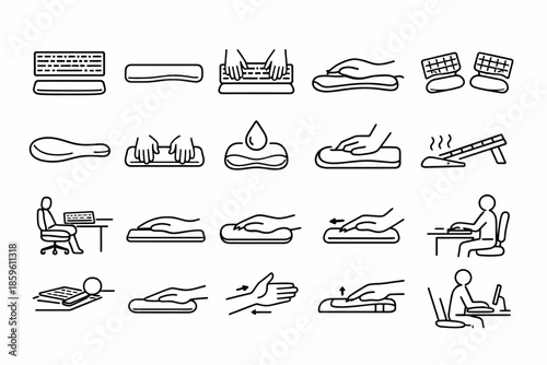 Ergonomic office accessories: keyboard, wrist support, mouse pad diagrams