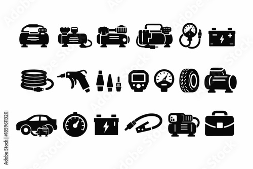 Set of car repair and maintenance icons including tire, battery, and compressor