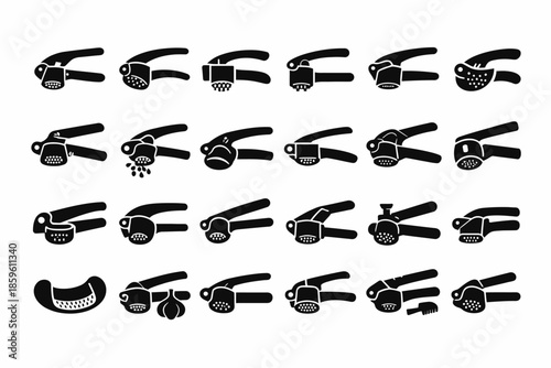 Various garlic press designs collection in black and white