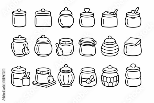 Collection of hand-drawn jars and containers with lids and handles