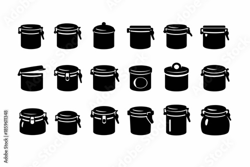 Collection of various black silhouette jars with lids in different designs