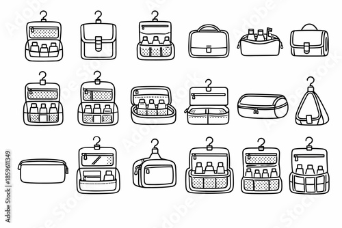 Collection of various travel toiletry bags line art