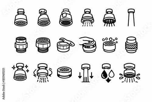 Various faucet aerator designs: icon set illustrating water flow and components