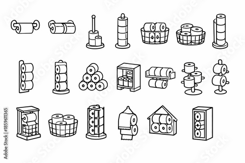 Various toilet paper holder designs and storage solutions