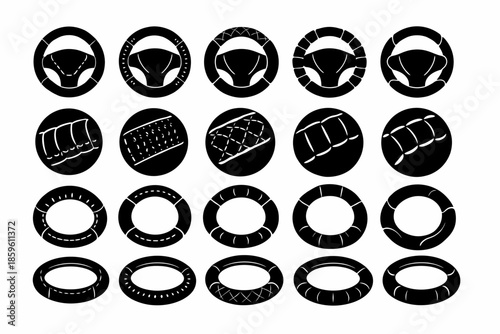 Collection of steering wheels and tire icons in black circles