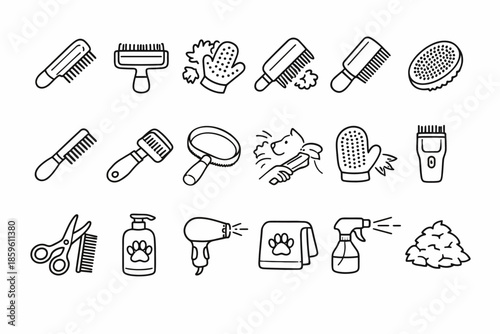 Pet grooming icons: scissors, brushes, clippers, mitts, hairdryer, pet accessories