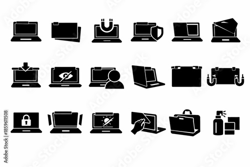 Laptop privacy and security icons: screens, shields, lock, cleaning essentials