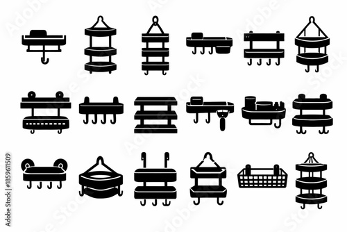 Collection of various black silhouettes of hanging wall shelves with hooks