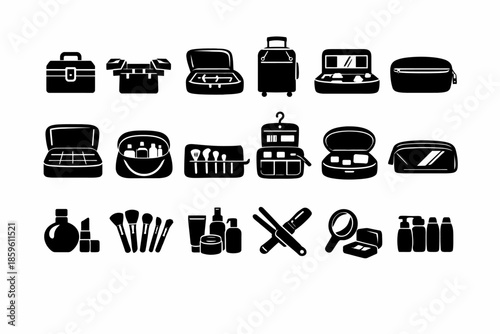 Variety of black cosmetic bags and makeup tools icons on white background
