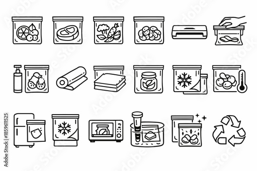 Icon set of food storage methods including freezing vacuum sealing and recycling