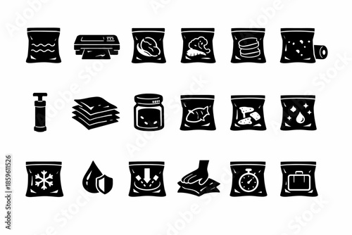 Collection of vacuum sealed food icons for preservation and storage