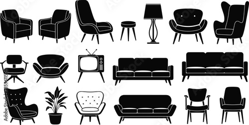 Mid-century modern furniture silhouettes, retro decor icons, minimalist chairs, vintage sofa, lamp, TV, plant, black illustration