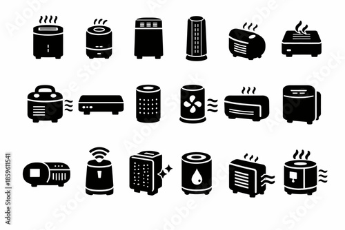 Collection of various air purifier icons in black silhouettes
