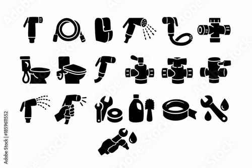 Bathroom and plumbing tools: bidet sprayers, hoses, wrenches, and valves icons set