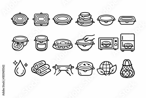 Food preservation and preparation icon set in line art style