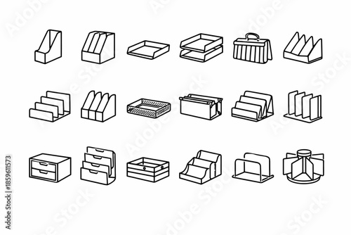 Minimalist line art of various office organizers