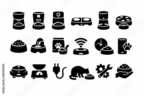 Icon set of automated pet feeders and related devices for cats and dogs