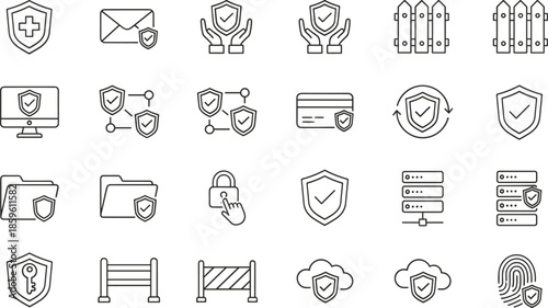 Professional linear cybersecurity icon set featuring data protection shields encrypted email secure cloud storage server safety and biometric fingerprint authentication.