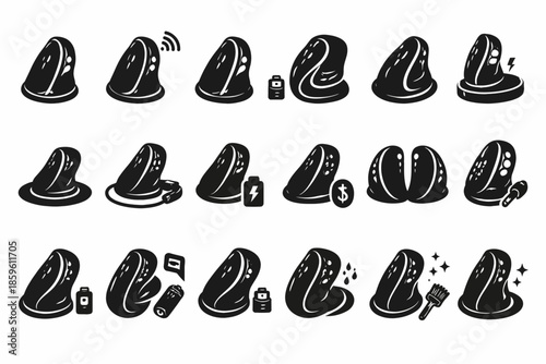 Black vector icons of hearing aids with various features and accessories