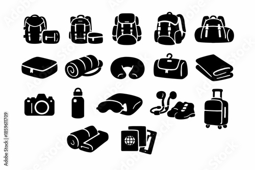 Collection of travel gear icons: backpacks, accessories, and essentials for adventurers