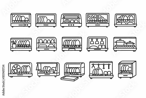 Kitchen dish racks and organizers collection line art icons set