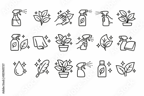 Eco-friendly cleaning icons: spray bottles, plants, sustainable practices