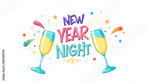 Vector illustration of clinking champagne glasses with sparkling bubbles celebrating New Year night.
