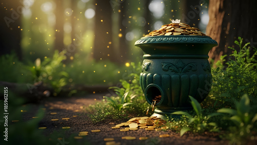 A green urn filled with gold coins in a forest