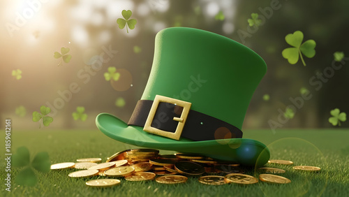 Leprechaun's gold treasure with green hat and shamrocks