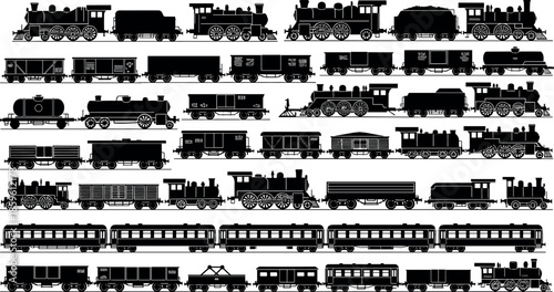 Vintage Steam Locomotive Train Silhouette Set with Antique Engine Carriages Passenger Coaches Freight Wagons and Rail Transport Design Elements Vector