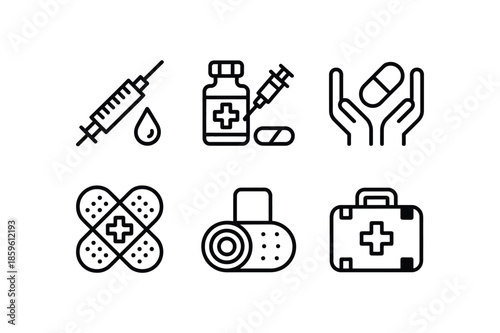 Medical icons including syringe, pills, first aid kit, and medication symbols medicine healthcare syringe needle pill capsule