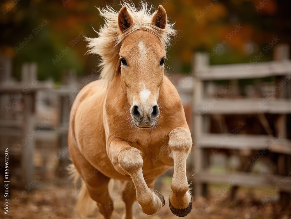 Obraz premium Palomino horse running energetically in autumn farm setting 