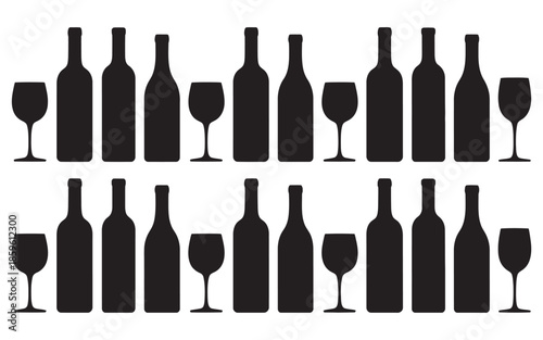 Collection of Wine Bottles and Glasses Silhouette Icons