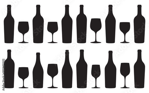 Collection of Wine Bottles and Glasses in Silhouette