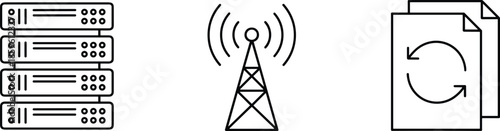 Set of technology line icons including computer server rack data storage hardware wireless communication signal tower and document file synchronization with refresh arrows.